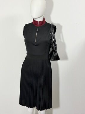 Sandro Sleeveless Black Pleated Midi Dress with Mock Zip Neck